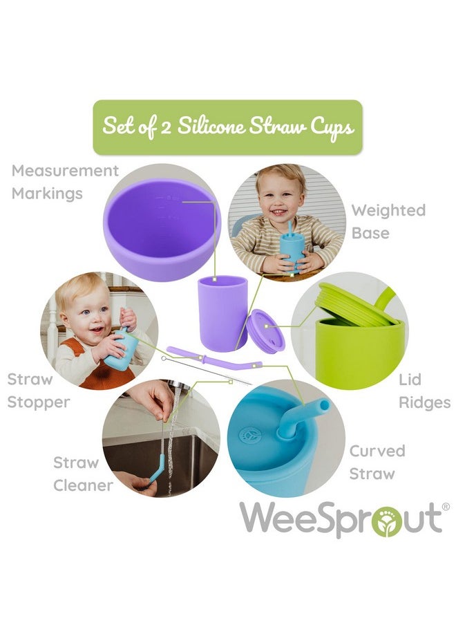 Silicone Baby Cups With Straws And Lids, 4 & 8 Oz Options, Set Of 2, Food Grade Toddler Training Container, Built In Straw Stoppers, Measurement Markings, Dishwasher Safe + Straw Cleaner
