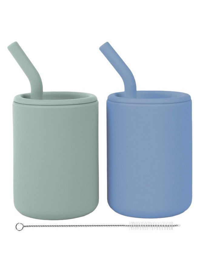 Silicone Baby Cups With Straws And Lids, 4 & 8 Oz Options, Set Of 2, Food Grade Toddler Training Container, Built In Straw Stoppers, Measurement Markings, Dishwasher Safe + Straw Cleaner