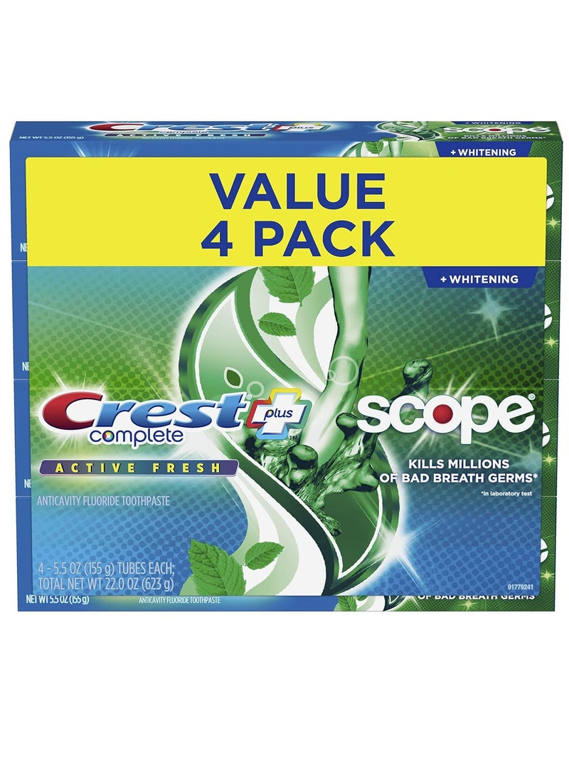 Crest Plus Whitening Plus Scope, Complete Active Fresh + Whitening Toothpaste, 5.5oz, Toothpaste Sensitive Teeth, Pack of 4