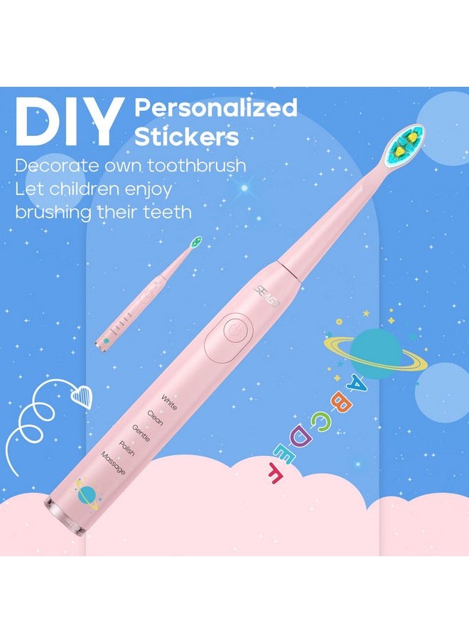 Kids Electric Toothbrush, Sonic Soft Bristle Rechargeable Toothbrushes With Diy Stickers, 5 Modes, Includes 4 Replacement Brush Heads, Ages 3 To 12 Years Old (Pink)