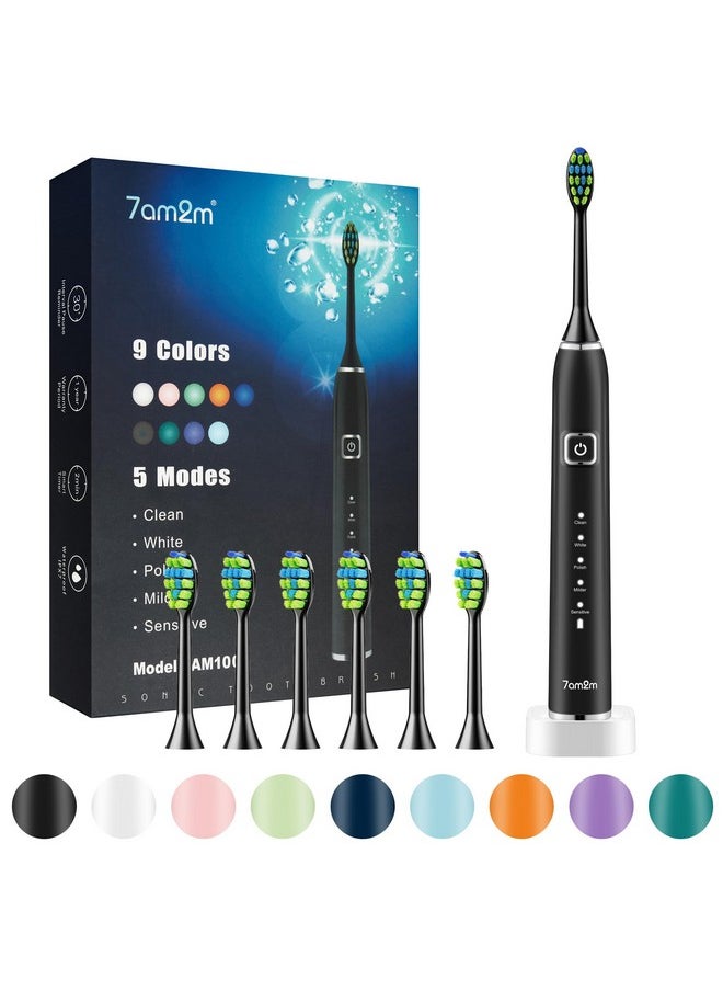 Ultrasonic Electric Toothbrush With 6 Brush Heads For Adults&Kids, One Charge For 90 Days, Wireless Fast Charge, 5 Modes 40000Vpm Powered Toothbrush, 2 Minutes Built In Smart Timer-Midnightblack