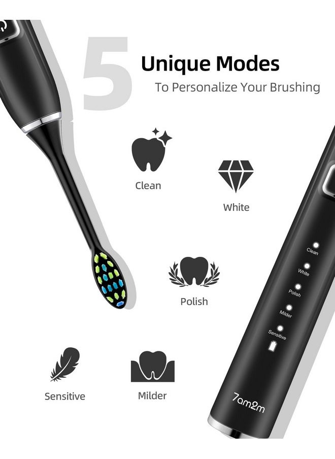 Ultrasonic Electric Toothbrush With 6 Brush Heads For Adults&Kids, One Charge For 90 Days, Wireless Fast Charge, 5 Modes 40000Vpm Powered Toothbrush, 2 Minutes Built In Smart Timer-Midnightblack