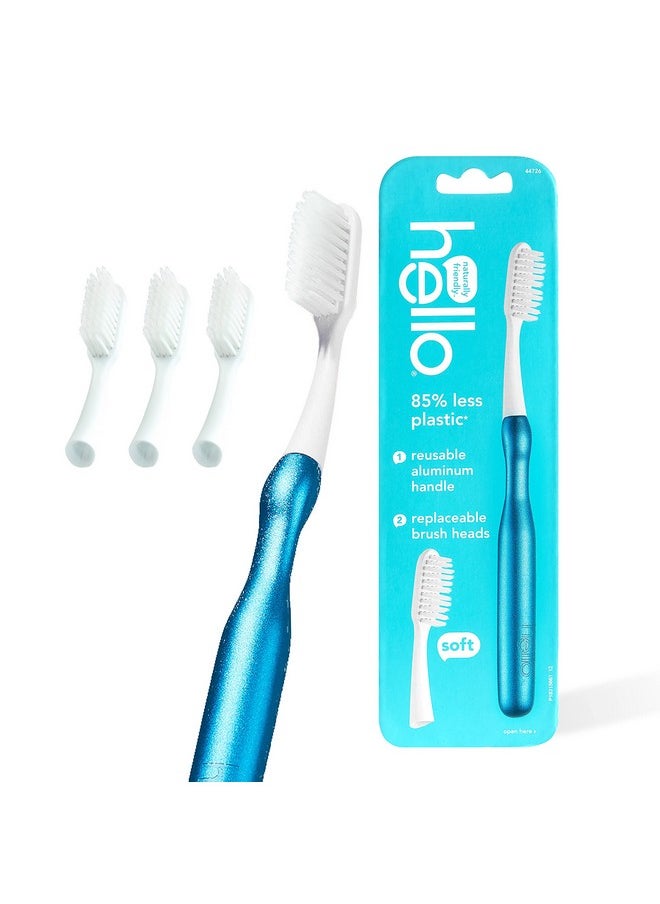 Manual Adult Toothbrush With Reusable Blue Modern Aluminum Handle & 4 Soft Replacement Heads, Bpa-Free, 4 Count