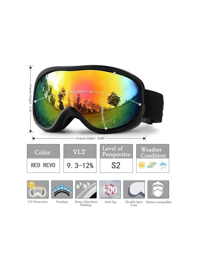 Ski Goggles, Over Glasses Snow Snowboard Goggle with Anti-Fog Dual Lens for Men Women Youth Kids Skiing Skating Snowmobile, Windproof UV400 Protection Winter Sports Protective Glasses