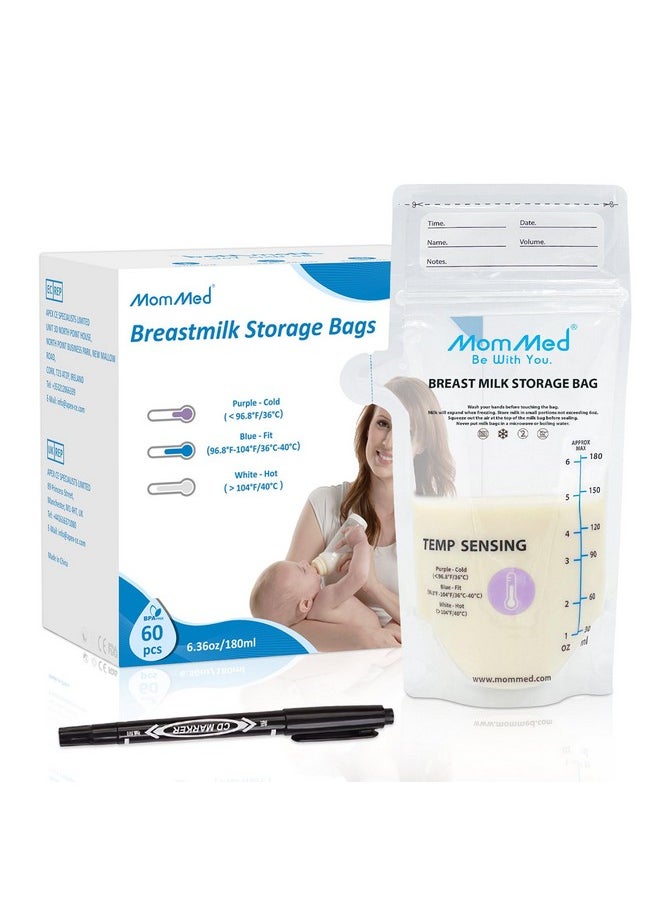 Breastmilk Storage Bags, 60Pcs, 6Oz Self-Standing, No-Leak, Temperature-Sensing Discoloration For Safe Milk Freezing