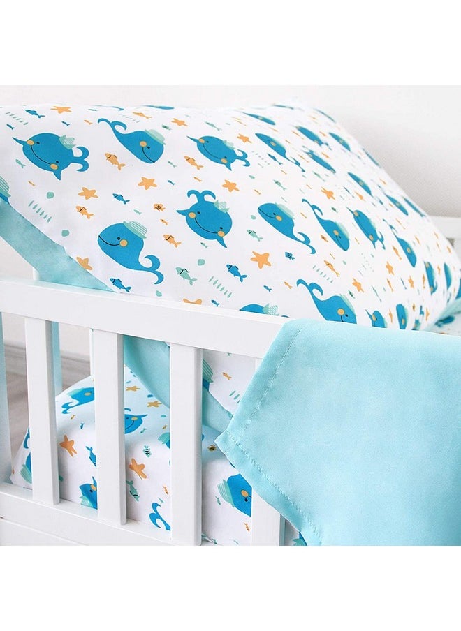 3-Piece Toddler Sheet Set Microfiber, Toddler Bedding Set Includes Crib Mattress Sheet, Flat Sheet And Envelope Pillowcase, Silky Soft, Breathable And Lightweight, Whale