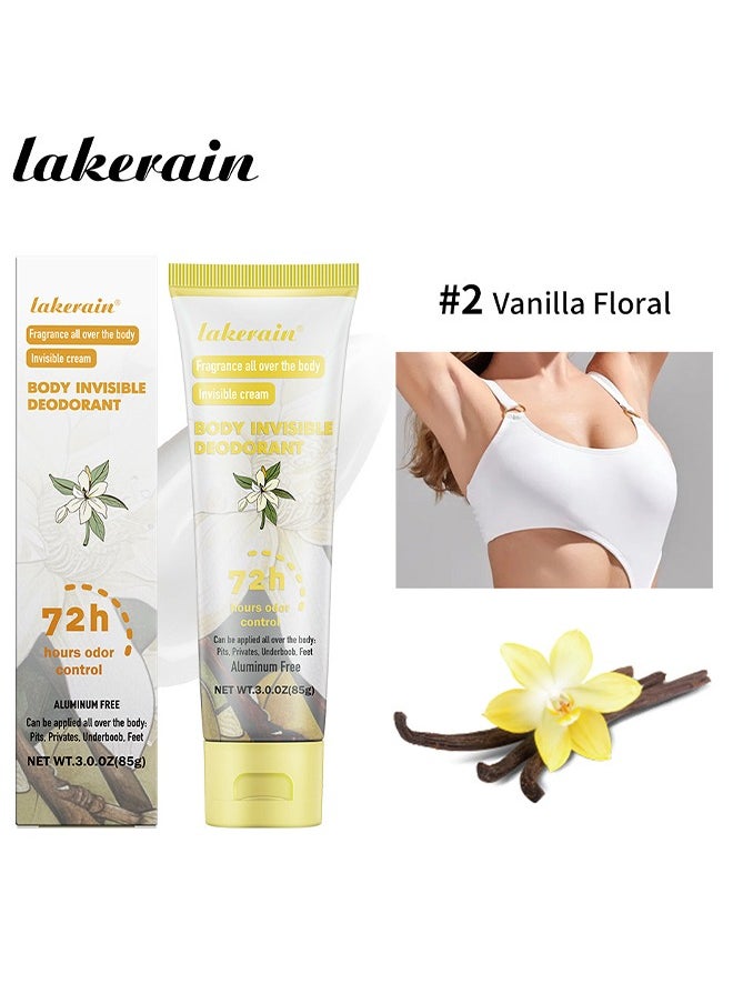 72h Hours Odor Control - 85g Body Invisible Deodorant Cream Vanilla Floral Whole Body Fragrance Deodorant Natural Scented Skin Safe for Armpit Privates and Other Parts Odour Control Cream