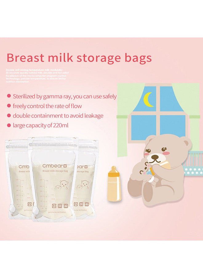 Cmbear Breastmilk Storage Bags Breast Milk Storing Bags 220ml/ 7.5oz Capacity Pre-Sterilized BPA Free Double Zipper Seal Leak-Proof for Breastfeeding, Pack of 60pcs