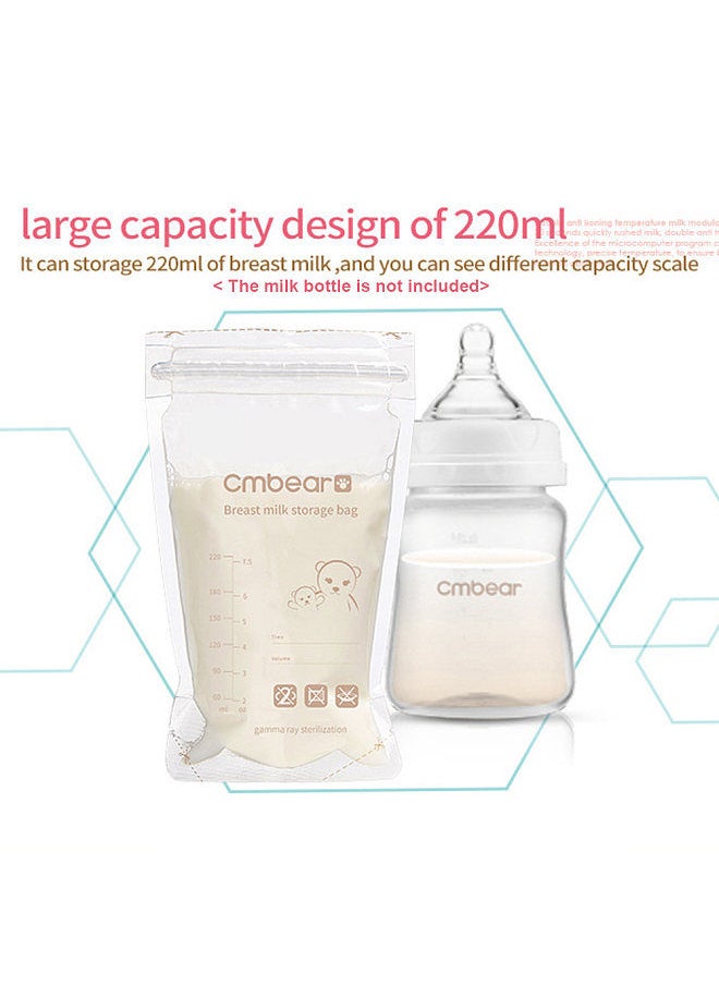 Cmbear Breastmilk Storage Bags Breast Milk Storing Bags 220ml/ 7.5oz Capacity Pre-Sterilized BPA Free Double Zipper Seal Leak-Proof for Breastfeeding, Pack of 60pcs