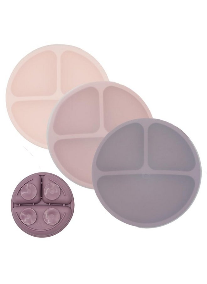 Suction Plates With Lids For Babies & Toddlers, 100% Silicone Dinnerware Stays Put, Divided Design For Picky Eaters, Microwave & Dishwasher Friendly, 3 Pack (Matte Pink, Purple, Blush Pink)