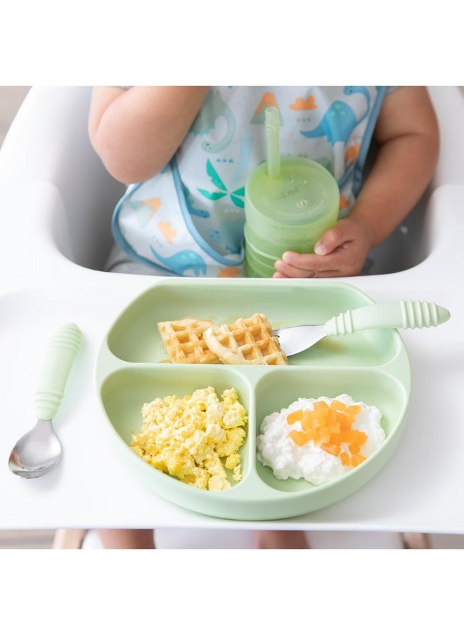 Toddler And Baby Suction Plate, Divided Grip Dish For Babies And Kids, Baby Led Weaning, Feeding Supplies, Sticks To Tables And Highchairs, Platinum Silicone, For Chidren 6 Months, Sage