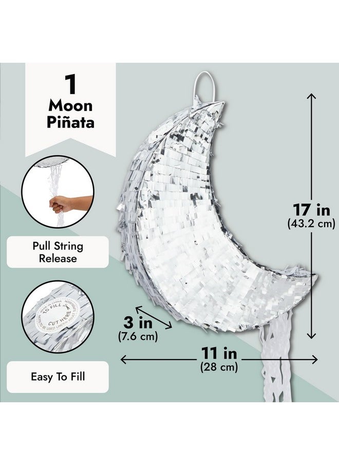 Juvale Pull String Moon Pinata for Twinkle Twinkle Little Star Birthday, Baby Shower Party Decorations (Silver Foil, 17x11x3 in)