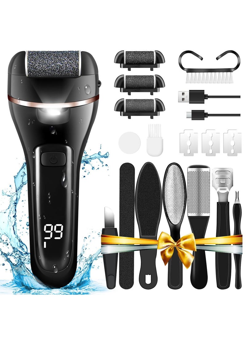 Electric Feet Callus Remover, Professional 18 in 1 Foot File Pedicure Kit Tools, Rechargeable Dry Dead Skin Foot Scraper with 3 Roller Heads & 2-Speed Power for Feet Hands Heels Spa (Black)