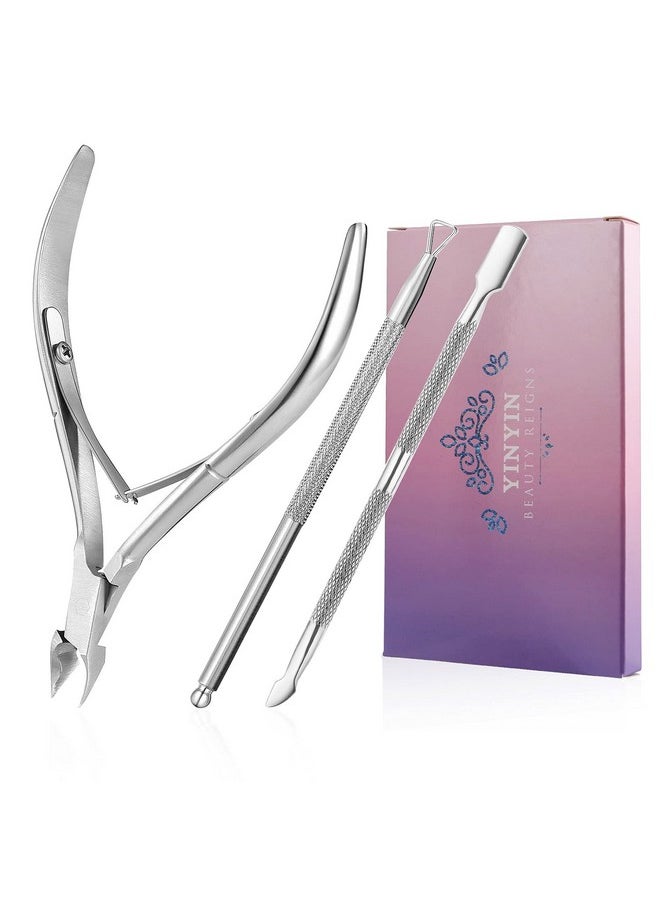 Cuticle Trimmer with Cuticle Pusher and Cutter-YINYIN Cuticle Remover Nippers Professional Stainless Steel Cutter Clippers,Pedicure Manicure Tools for Fingernails Toenails(Silver)