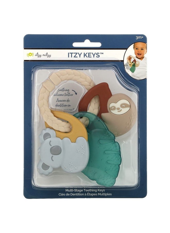 Teething Keys Baby Teether Toy - Features A Braided Texture Ring & Keys, Includes A Water-Filled Leaf-Shaped Teether & Silicone Sloth & Koala Teething Toys, Ideal For Ages 3 Months & Up