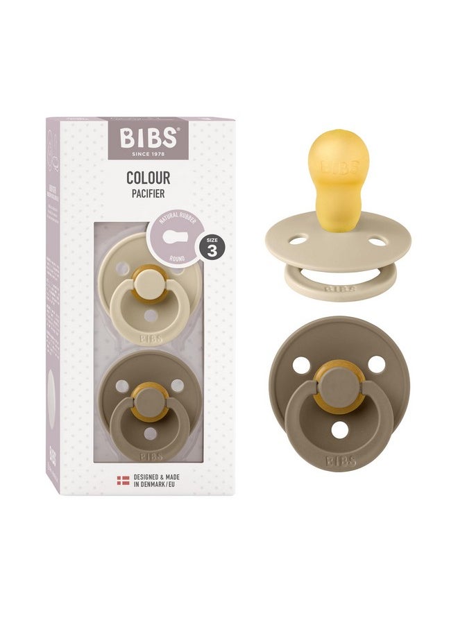 BIBS Colour Baby Pacifier 2-Pack | Made in Denmark | BPA Free Dummy Soother, Round Nipple. Natural Rubber Latex, Size 3 (18+ Months), Vanilla/Dark Oak