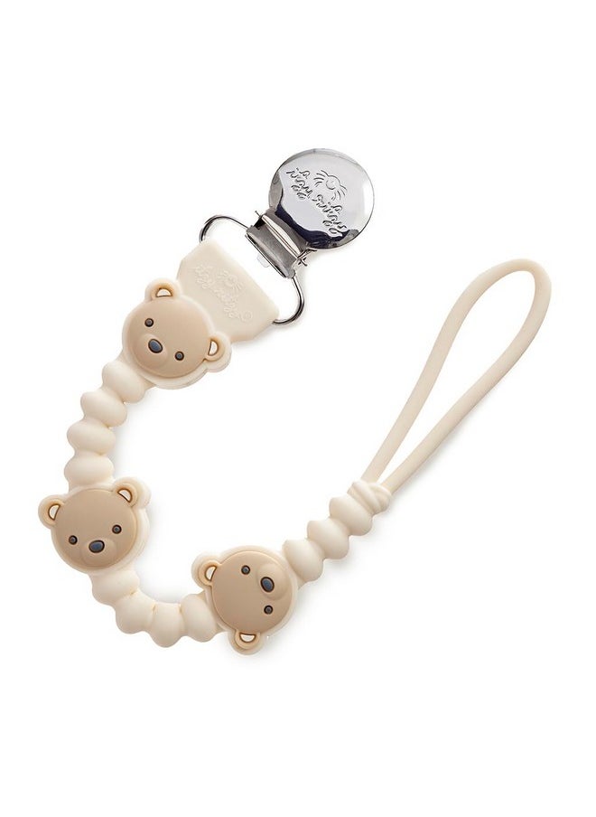 Silicone Pacifier Clip; 100% Food Grade Silicone Pacifier Strap With Clip Keeps Pacifiers, Teethers & Small Toys In Place; Features One-Piece Design, Bear Character & Silicone Cord (Bear)