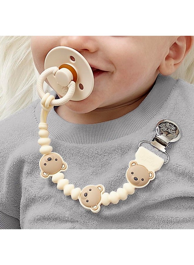 Silicone Pacifier Clip; 100% Food Grade Silicone Pacifier Strap With Clip Keeps Pacifiers, Teethers & Small Toys In Place; Features One-Piece Design, Bear Character & Silicone Cord (Bear)