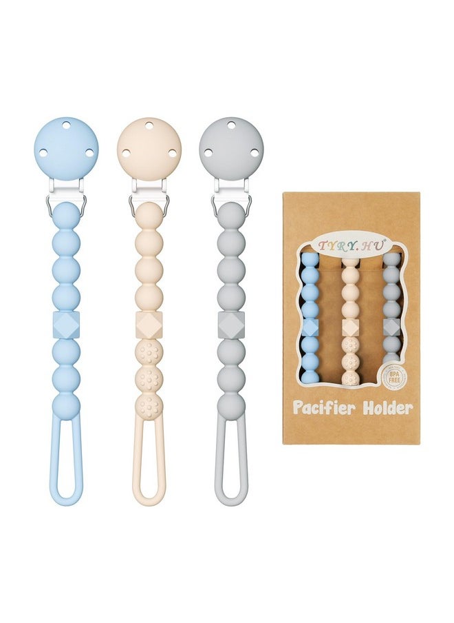 Pacifier Holder Clip With One Piece Beads For Baby Boys And Girls, 3 Pack Soft Flexible Rust-Free Binky Clips With Texture For Teething, Baby Essentials, Keeps Pacifier Clean, Safe For Newborn