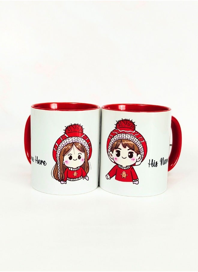 Personalized Christmas Mugs for Couples - Cute Designs with Personalized Names - Pack of 2 - Premium Ceramic Mug with Inner and Handle Red