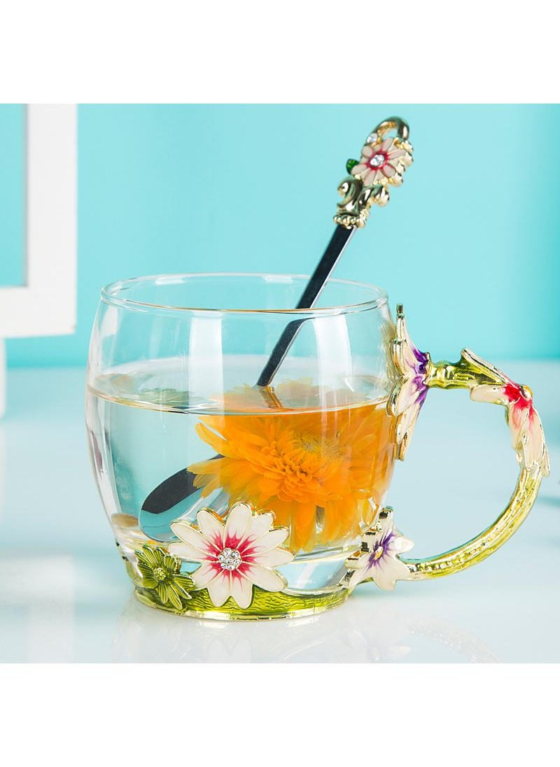 Enamel Daisy Crystal Glass Mugs Drinkware For Cold And Hot Beverage With Floral Design And Gift Box 330ML