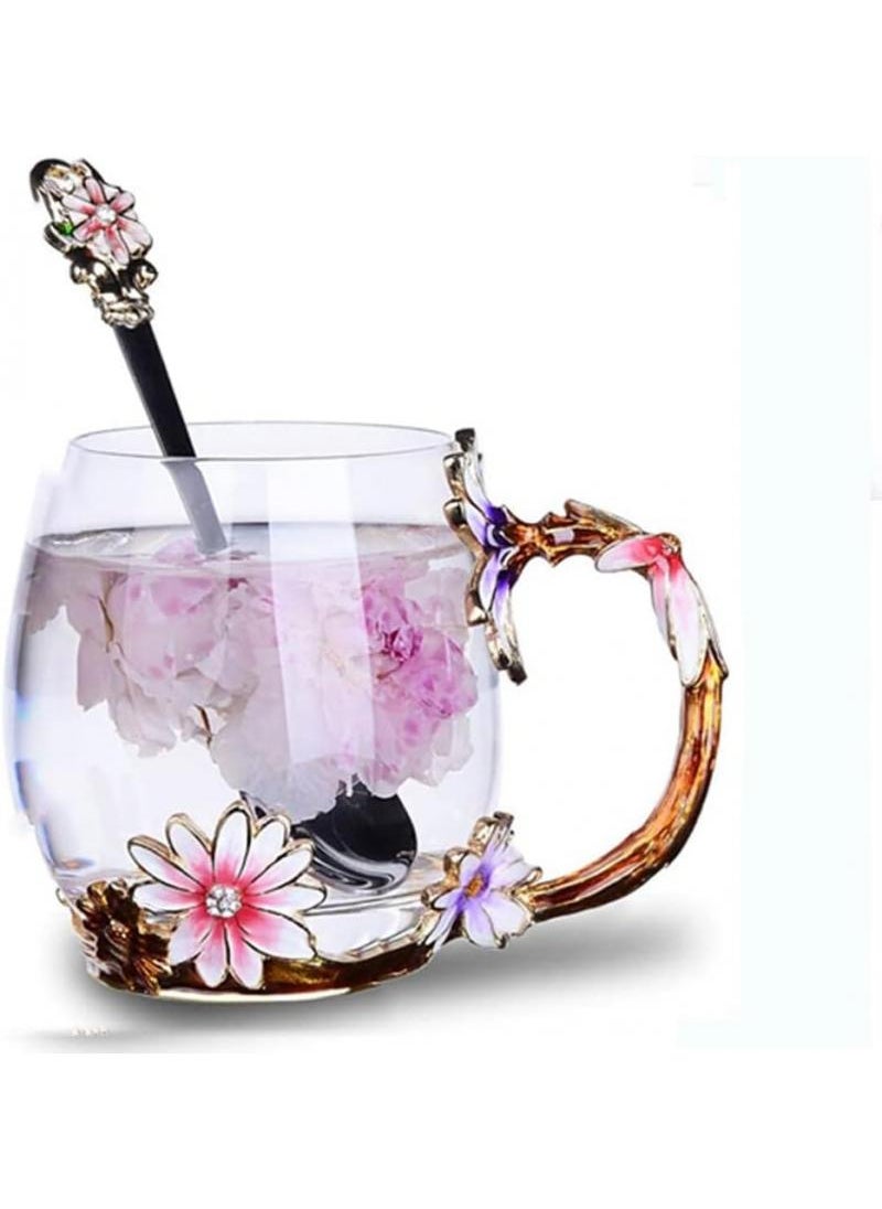 Enamel Daisy Crystal Glass Mugs Drinkware For Cold And Hot Beverage With Floral Design And Gift Box 330ML