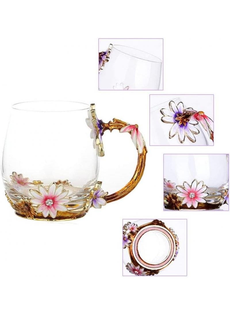 Enamel Daisy Crystal Glass Mugs Drinkware For Cold And Hot Beverage With Floral Design And Gift Box 330ML