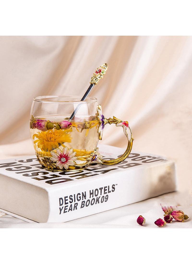 Enamel Daisy Crystal Glass Mugs Drinkware For Cold And Hot Beverage With Floral Design And Gift Box 330ML