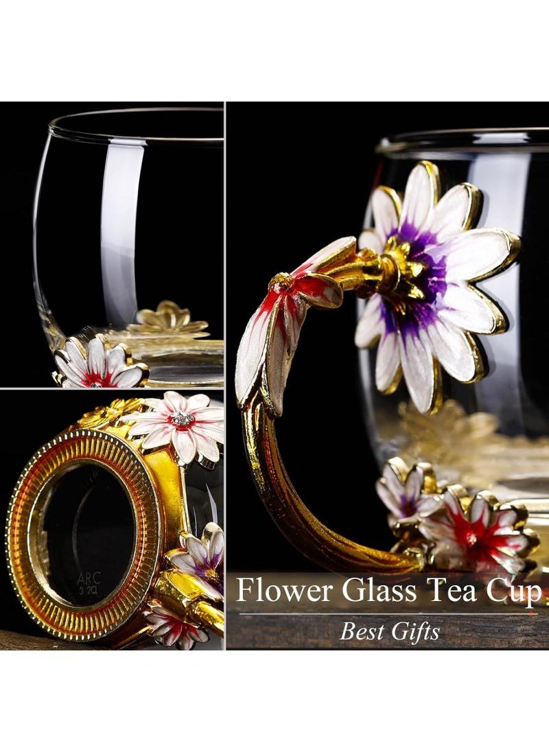 Enamel Daisy Crystal Glass Mugs Drinkware For Cold And Hot Beverage With Floral Design And Gift Box 330ML