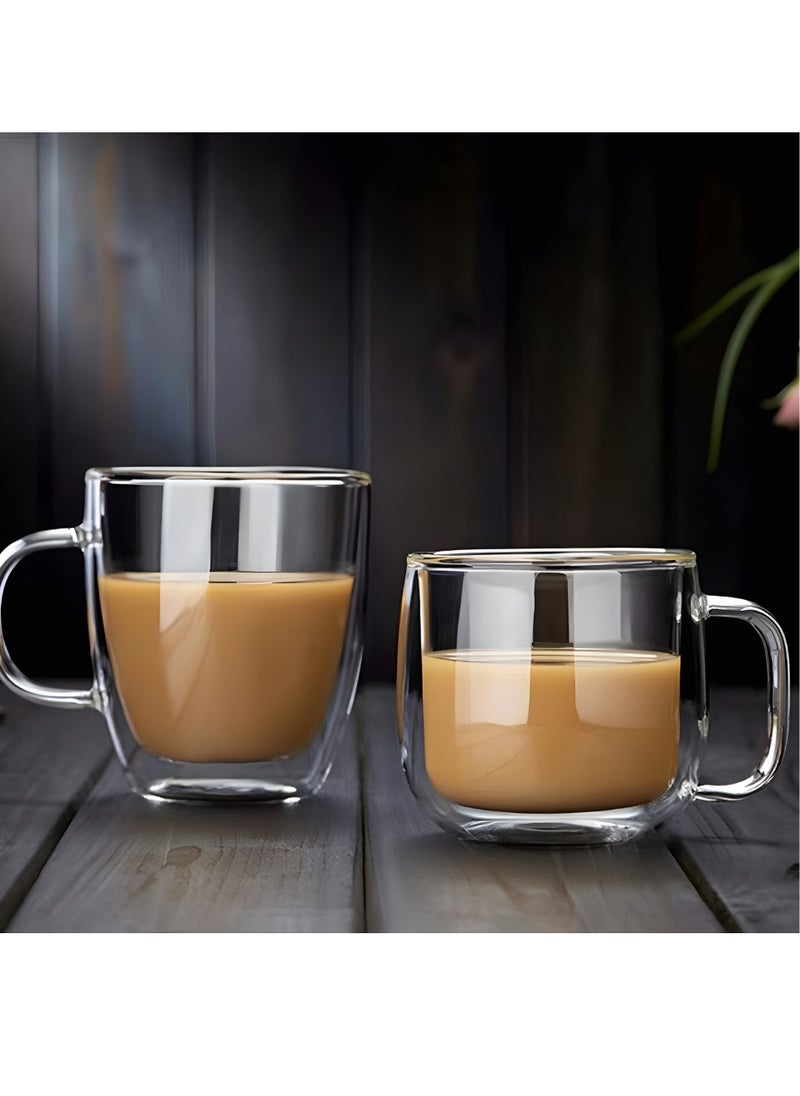 2-Pack Double Wall Glass Coffee Tea Mug with Handle Insulated Layer  Made of Clear Borosilicate Glass  Perfect for Cappuccino Tea Latte Espresso Hot Beverage Microwave Safe (300ml 2pcs)