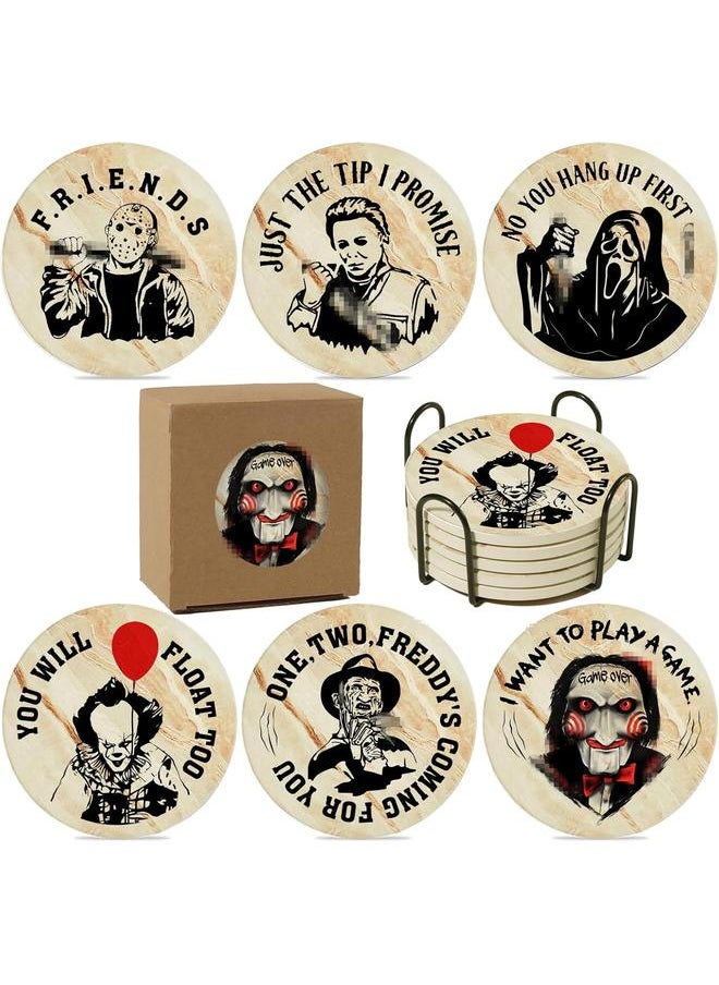 Halloween Horror Coasters for Drinks,6PCS Spooky Coasters Set with Coaster Holder,Stone&Cork Coasters for Coffee Table,Scary Killer Coasters for Home Decor,Merchandise Show Gifts