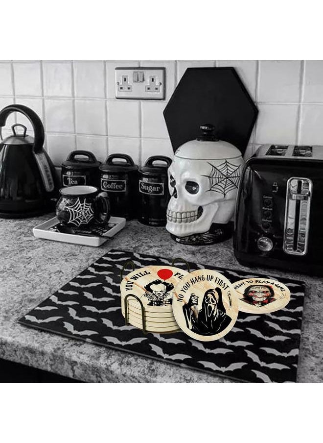 Halloween Horror Coasters for Drinks,6PCS Spooky Coasters Set with Coaster Holder,Stone&Cork Coasters for Coffee Table,Scary Killer Coasters for Home Decor,Merchandise Show Gifts