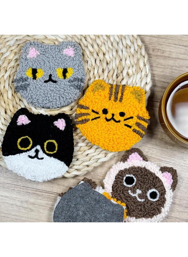 Morledoa Punch Needle Coasters Kit, Punch Needle Kits Adults Beginner, Punch Needle Kit with Adhesive Felt, Yarns, Embroidery Hoop, Instruction, DIY Punch Needle Cat Coasters Kits