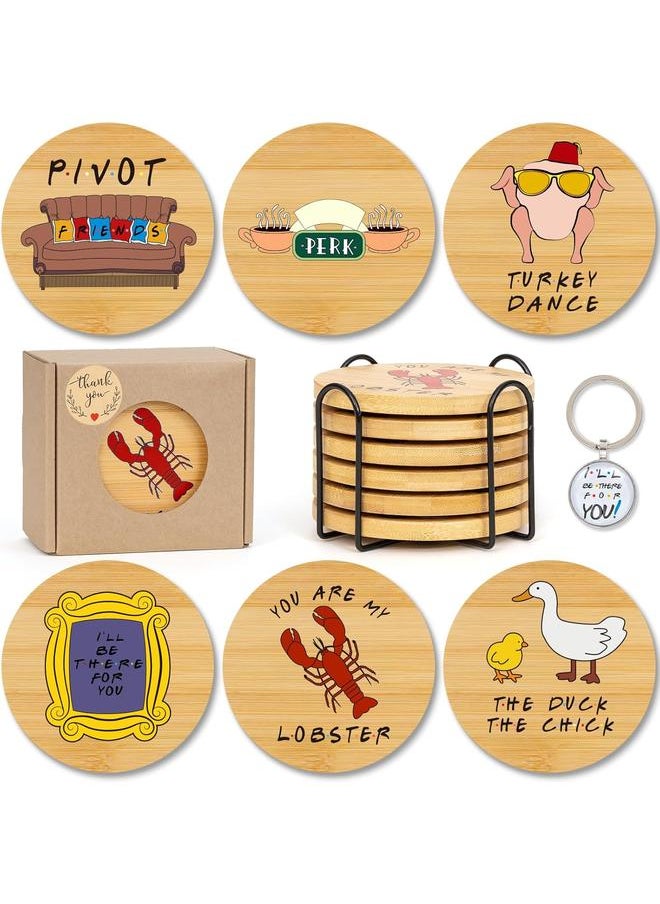 Friends Bamboo Wood Coasters Set, Friends TV Show Merchandise, Friends Gifts for Fans, Friends Merchandise Gifts, Set of 6 Friends Drink Coaster Set with Holder