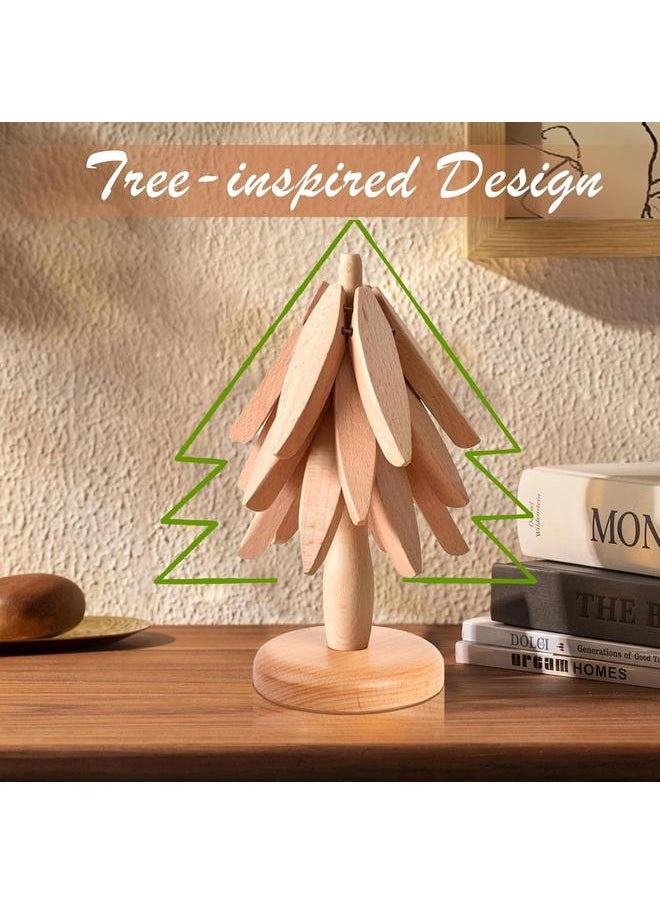 Wooden Trivets for Hot Dishes, Wooden Tree Coasters (3 Wooden Coasters + 1 Stand), Christmas Tree Shaped Trivet Mats, Home Decor for Table Protection for Drinks, Plates, Pots, Pans (Beech Wood)