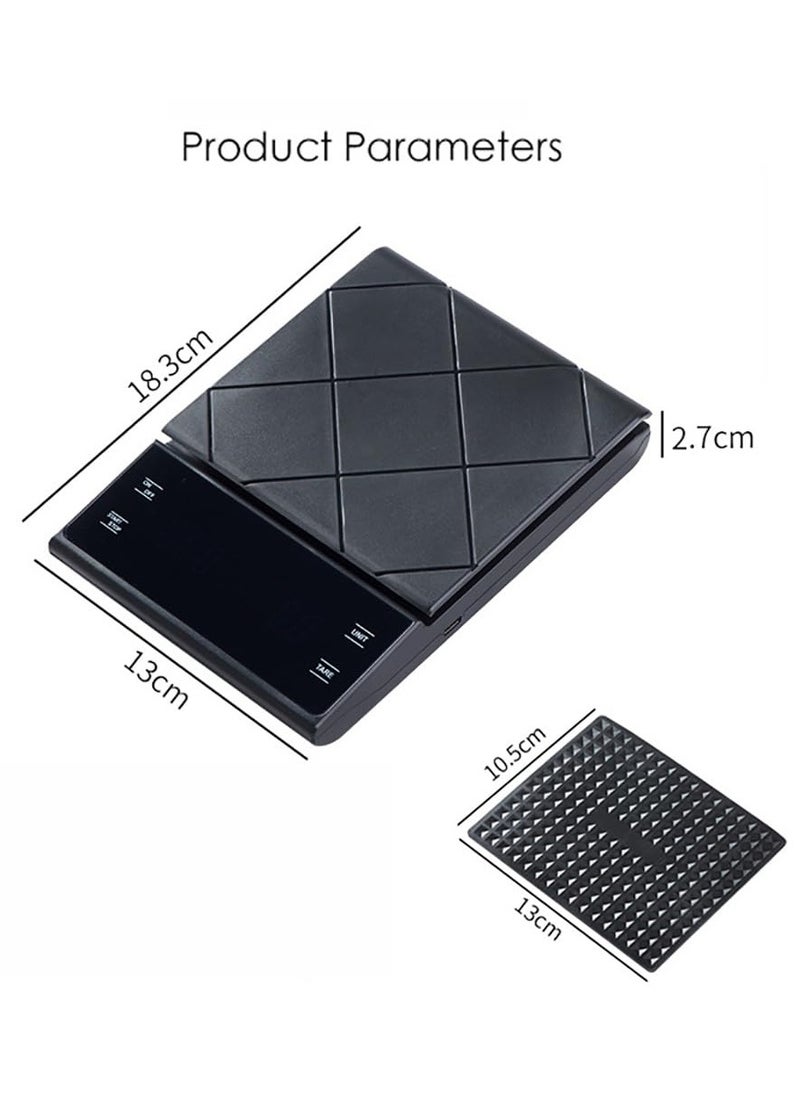 Digital timing coffee electronic scale with non-slip pad. Smart hand touch coffee scale, 2 power modes (USB/ battery), 0.1g/3kg.