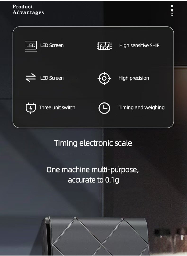 Digital timing coffee electronic scale with non-slip pad. Smart hand touch coffee scale, 2 power modes (USB/ battery), 0.1g/3kg.