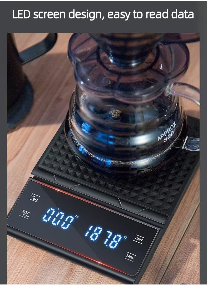 Digital timing coffee electronic scale with non-slip pad. Smart hand touch coffee scale, 2 power modes (USB/ battery), 0.1g/3kg.