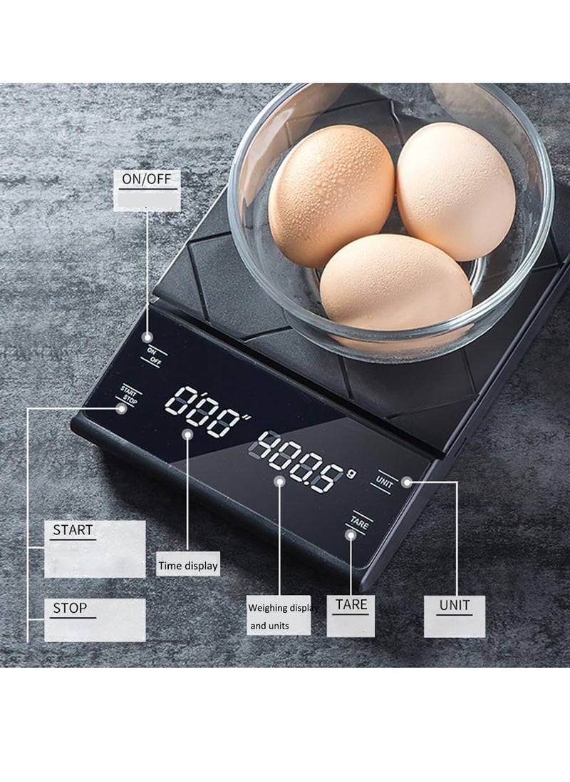 Digital timing coffee electronic scale with non-slip pad. Smart hand touch coffee scale, 2 power modes (USB/ battery), 0.1g/3kg.