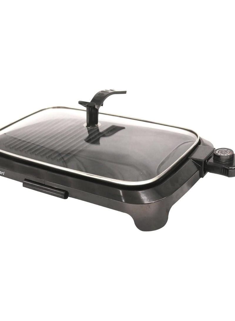 Non-Stick Coated Electric BBQ Grill with Lid – Features Adjustable Temperature Control, Drip Tray, and Detachable Grill Plate for Easy Cooking and Cleaning.