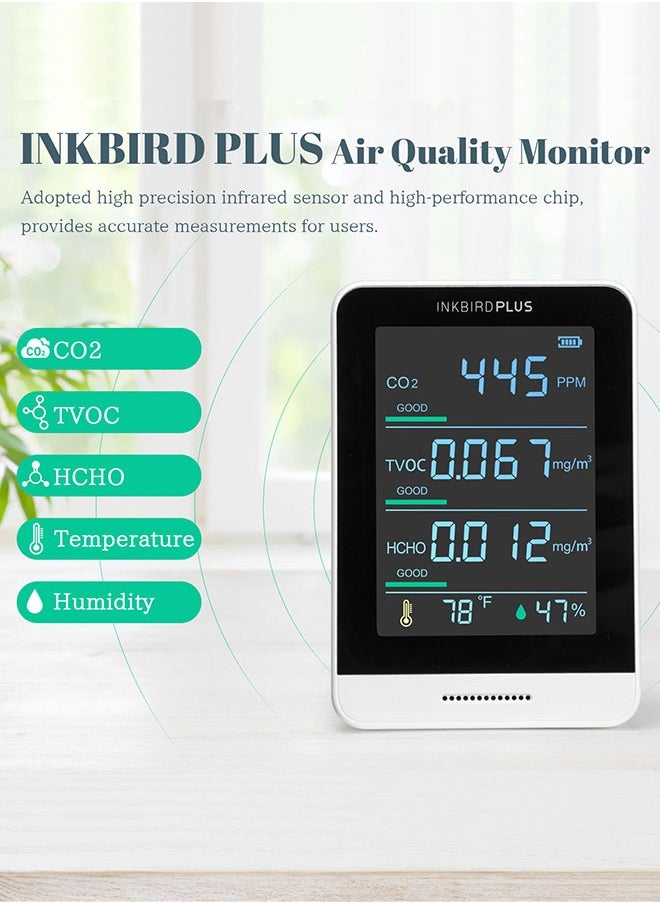 INKBIRD Air Quality CO2 Monitor AK3 Indoor CO2 Meter Accurate Tester for Formaldehyde(HCHO) TVOC Temperature and Relative Humidity Real-Time Gas Detector 350~2000ppm Range