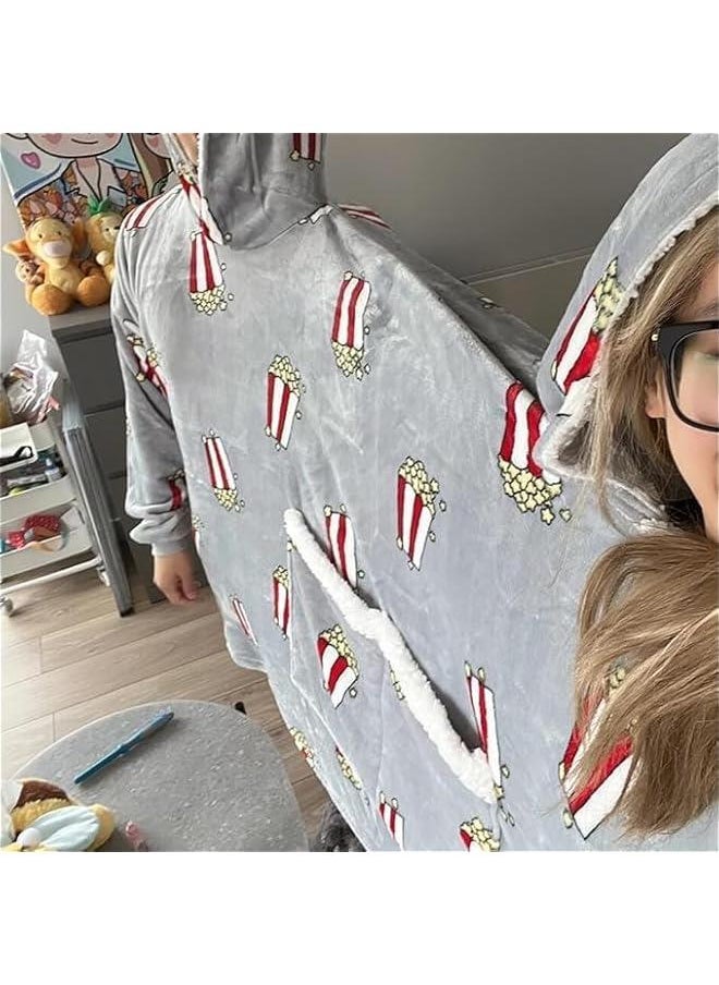Couple Pajamas, Funny Popcorn Flannel Couple Matching Pajamas, Oversized Hoodies Sweatshirts, Thickened Home Clothes with Pockets