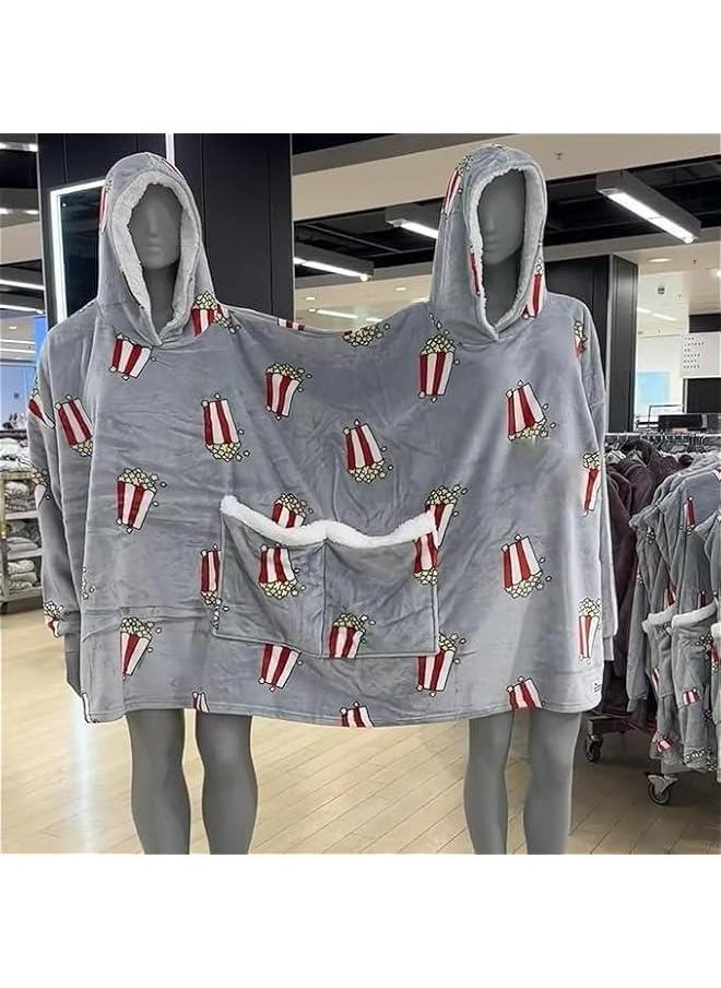 Couple Pajamas, Funny Popcorn Flannel Couple Matching Pajamas, Oversized Hoodies Sweatshirts, Thickened Home Clothes with Pockets