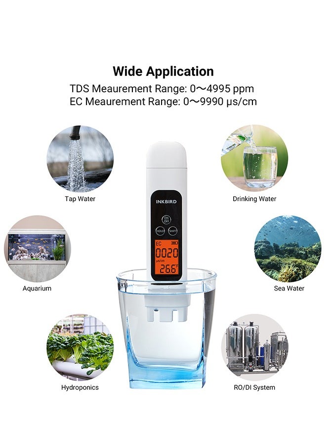 INKBIRD Water Quality Tester TDS EC & Temperature 3-in-1 Tester ITDS-01 Large Backlit LCD Screen Instant Reading with High Accuracy Water Tester for Drinking Water Domestic Water Hydroponic Setups