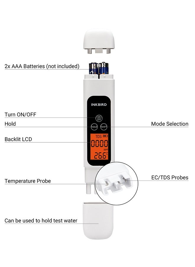 INKBIRD Water Quality Tester TDS EC & Temperature 3-in-1 Tester ITDS-01 Large Backlit LCD Screen Instant Reading with High Accuracy Water Tester for Drinking Water Domestic Water Hydroponic Setups