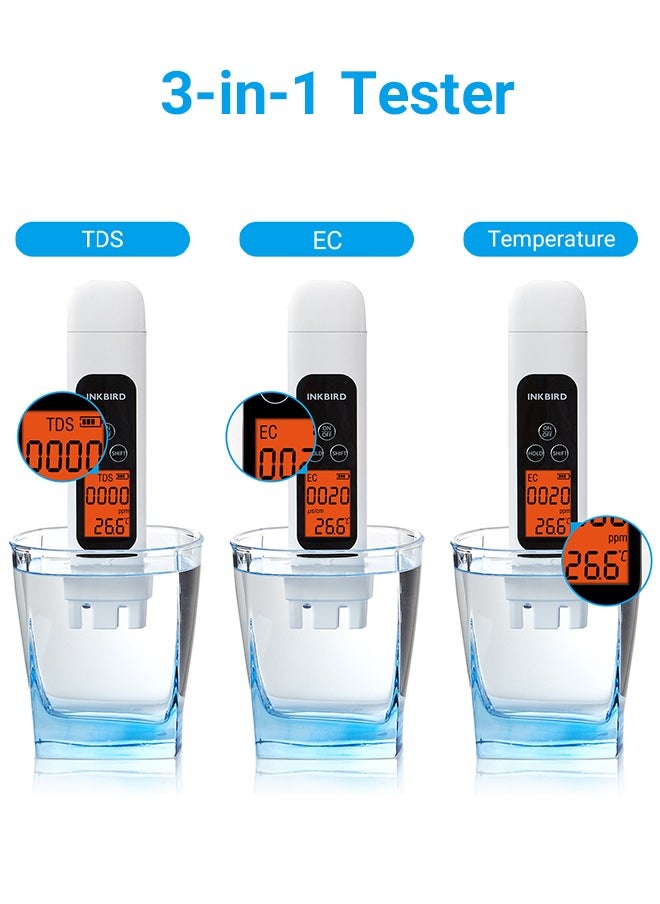 INKBIRD Water Quality Tester TDS EC & Temperature 3-in-1 Tester ITDS-01 Large Backlit LCD Screen Instant Reading with High Accuracy Water Tester for Drinking Water Domestic Water Hydroponic Setups