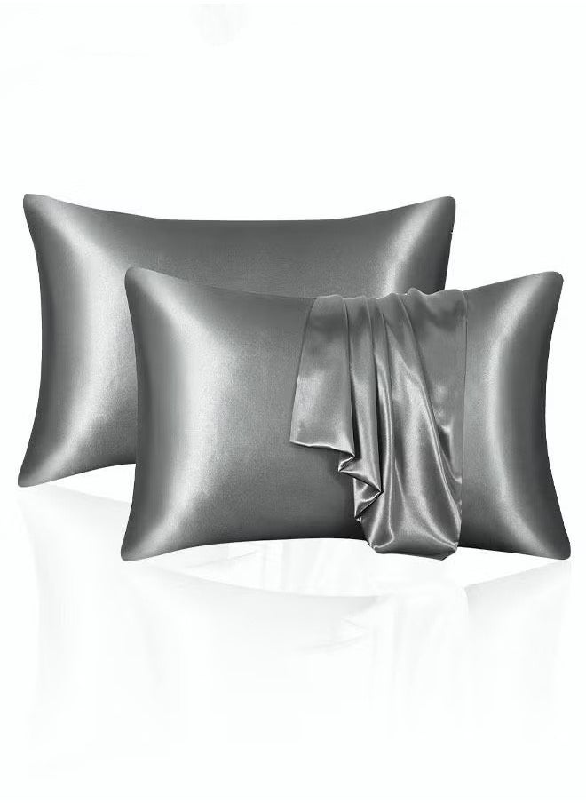 2-Piece Simple Solid Colour Silk Satin Pillow Case with Envelope Closure for Hair and Skin Light Grey