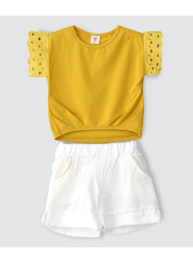 Flared Sleeves T-Shirt And Shorts Set Yellow/White