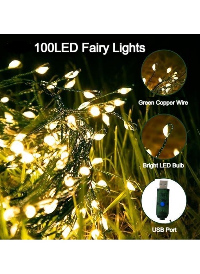 USB Fairy Lights Plug in, Outdoor Twinkle Firecracker String Lights with Timer , 3M 100 LED Waterproof Cluster Lights for Indoor  Wreath Party Wedding Decoration, Warm White