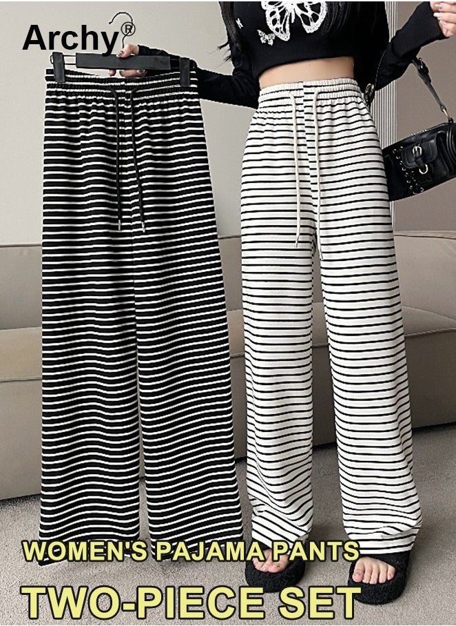 2 Pack Set Women's Soft Modal Sleepwear Pajama Pants Fashion Striped Loungewear with Drawstring Loose Casual Summer Fall Pants Striped Drawstring Waist Home Sleep Pants